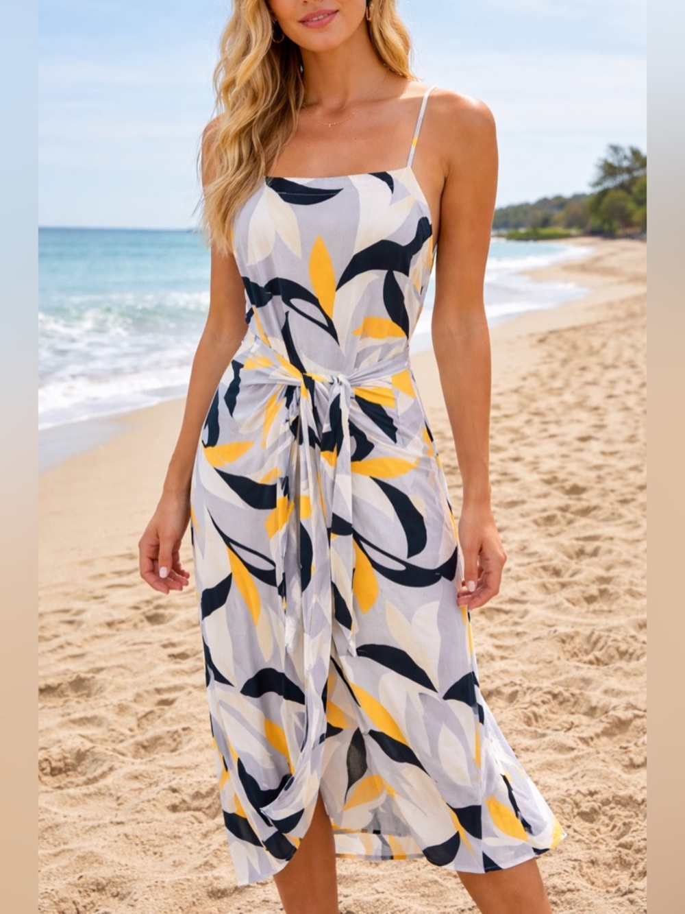 Seafolly spaghetti strap lightweight summer midi dress in‎ blue, white, yellow